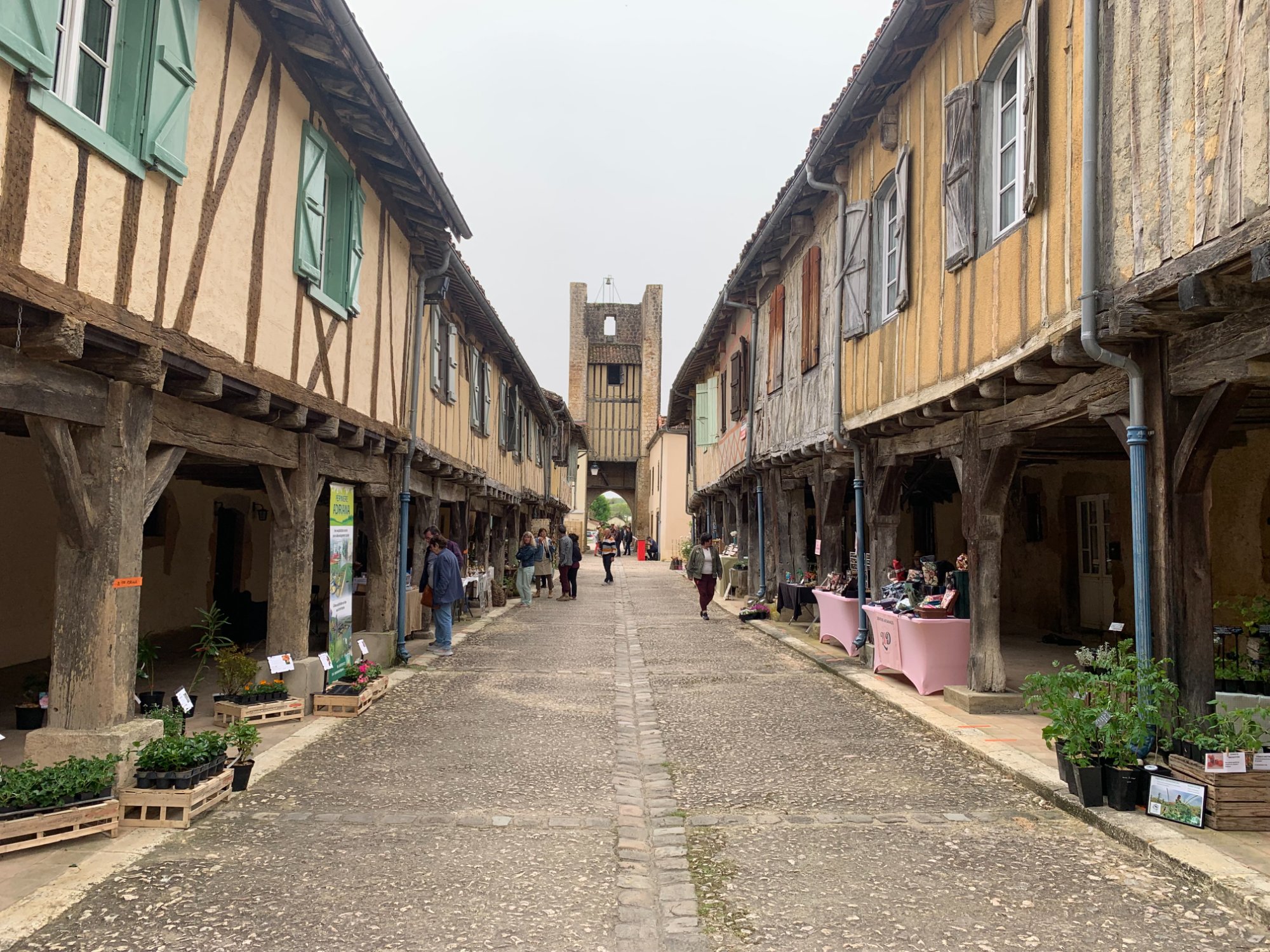 The half-timbered arcade of Tillac's main street