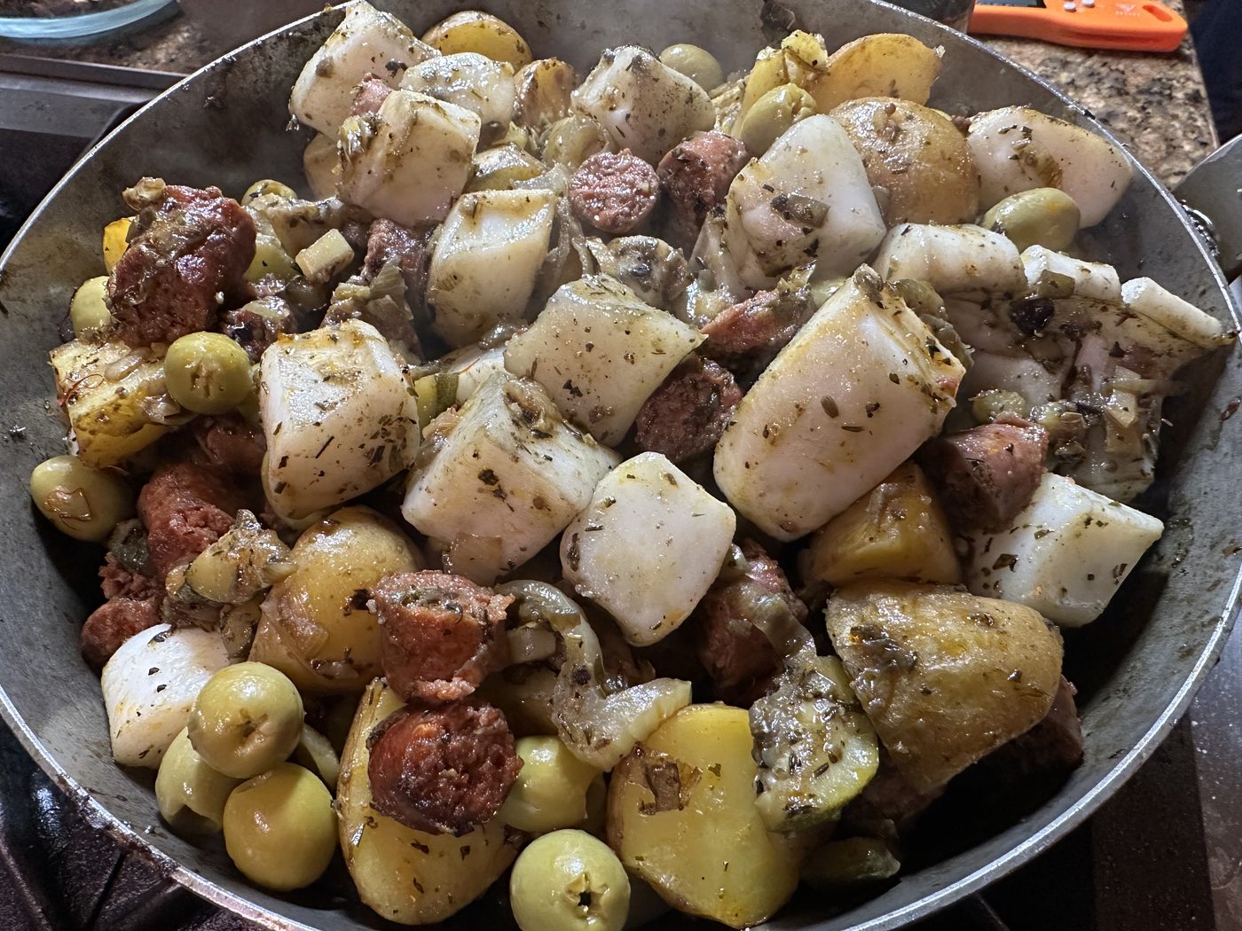 Dry Fried Calamari with Potato and Spiced Lamb Sausage