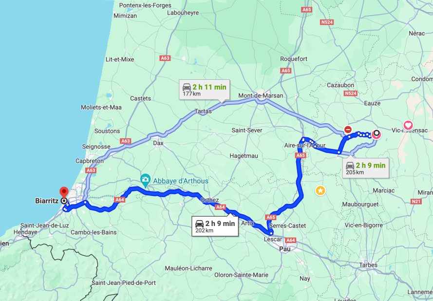 Route from Biarritz airport