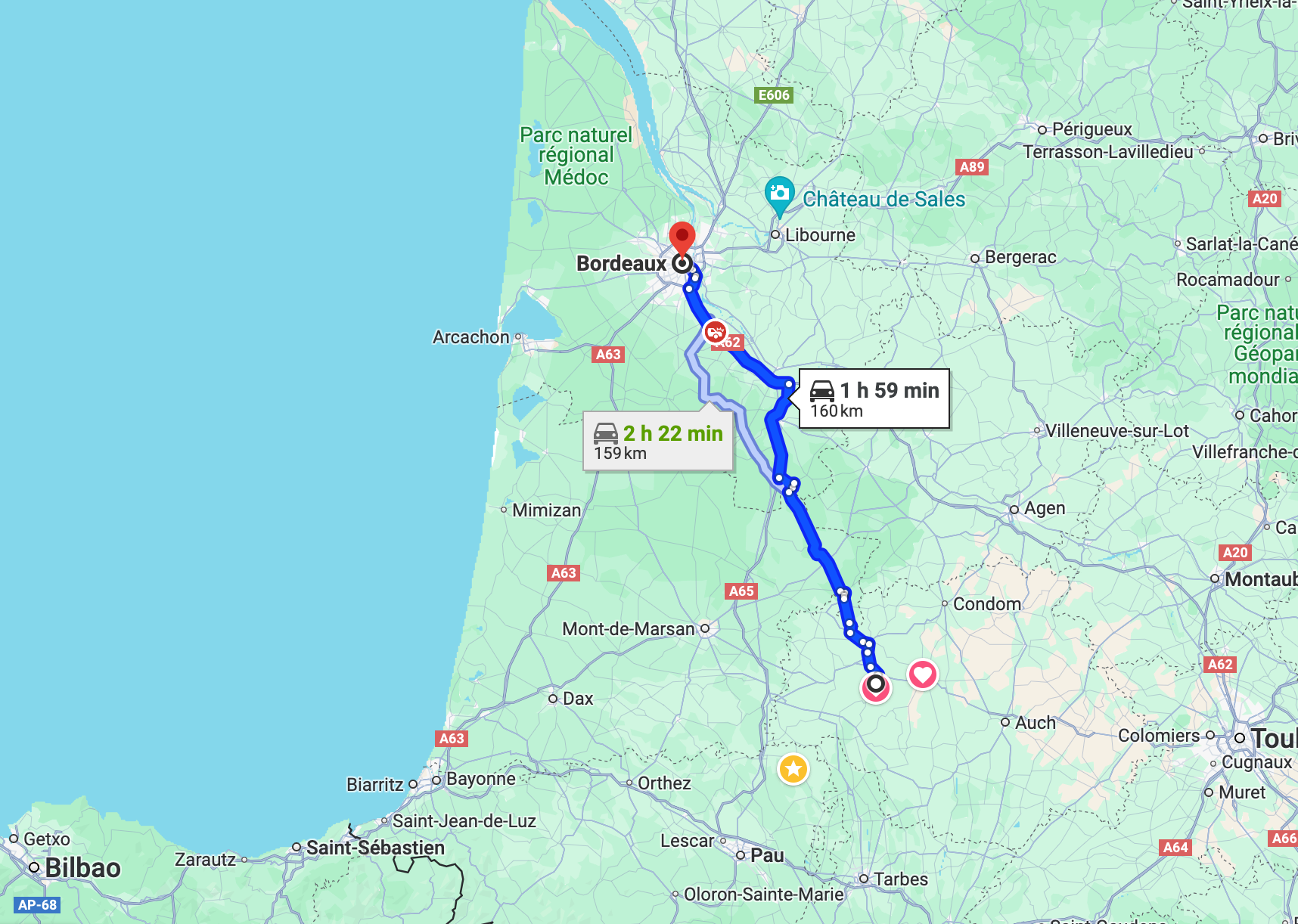 Route from Bordeaux airport
