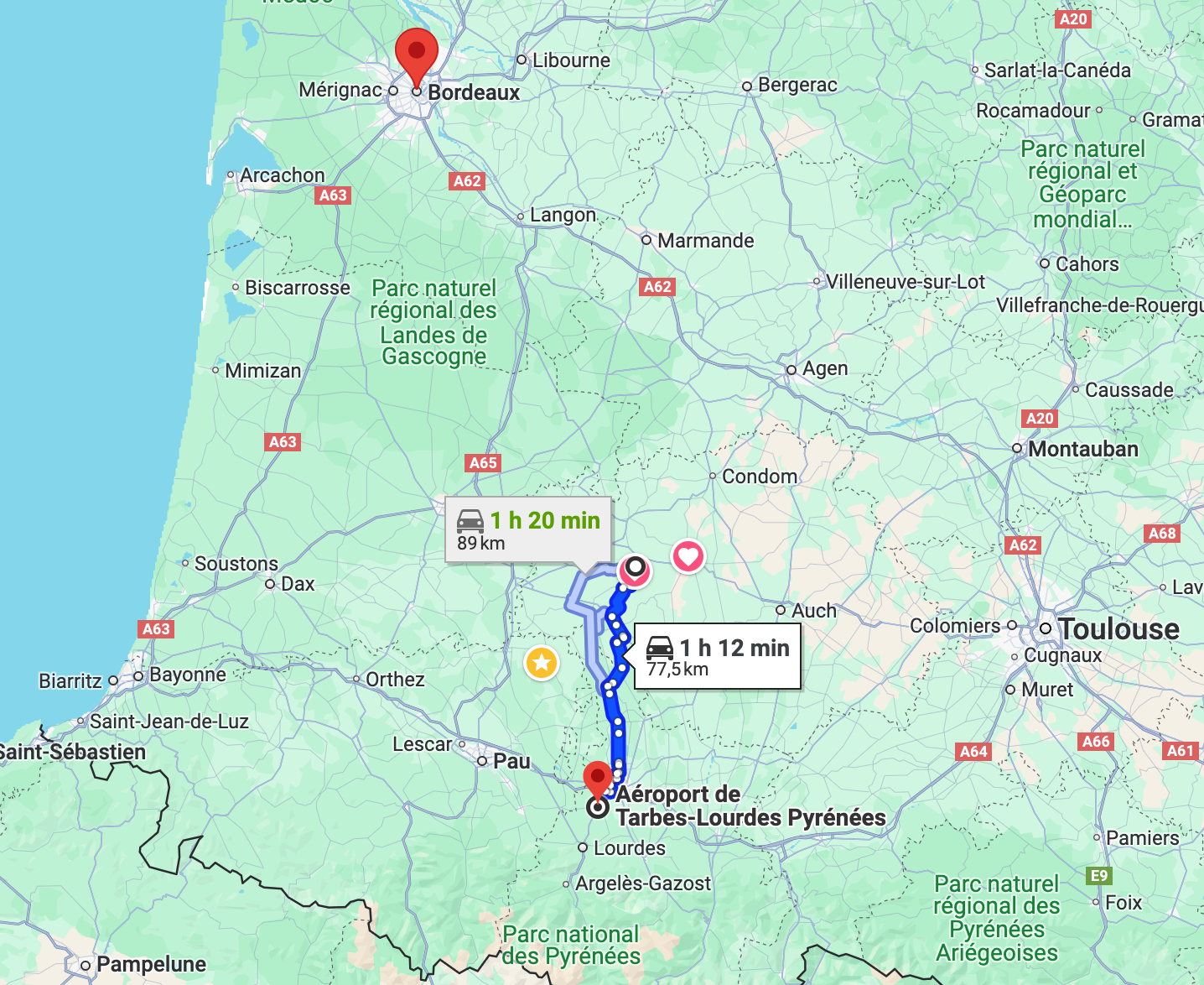 Route from Tarbes Lourdes airport