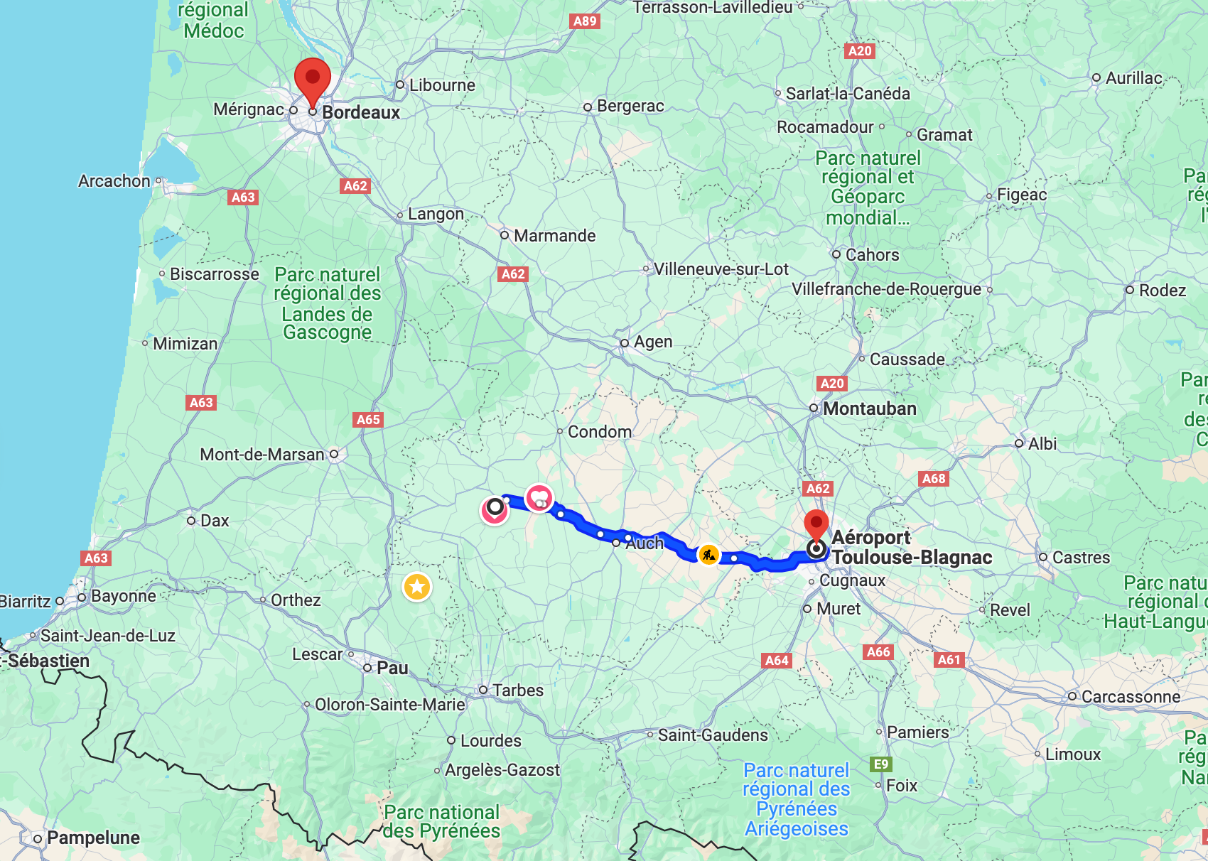 Route from Toulouse Blagnac airport