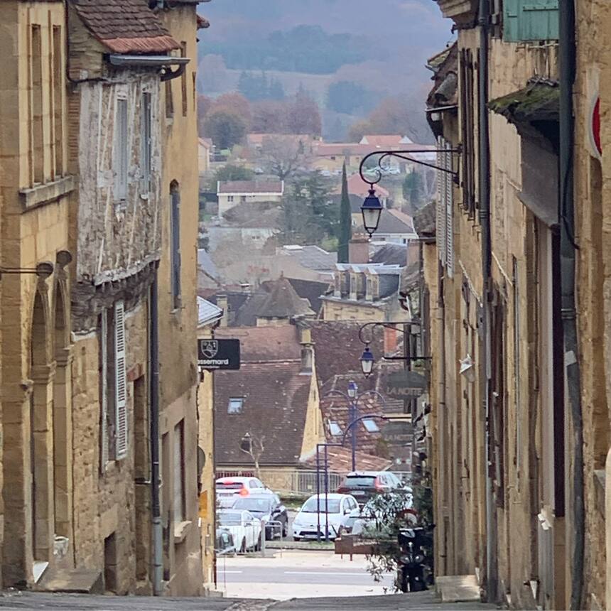 The pretty medieval village of Gordon on a frosty grey afternoon.