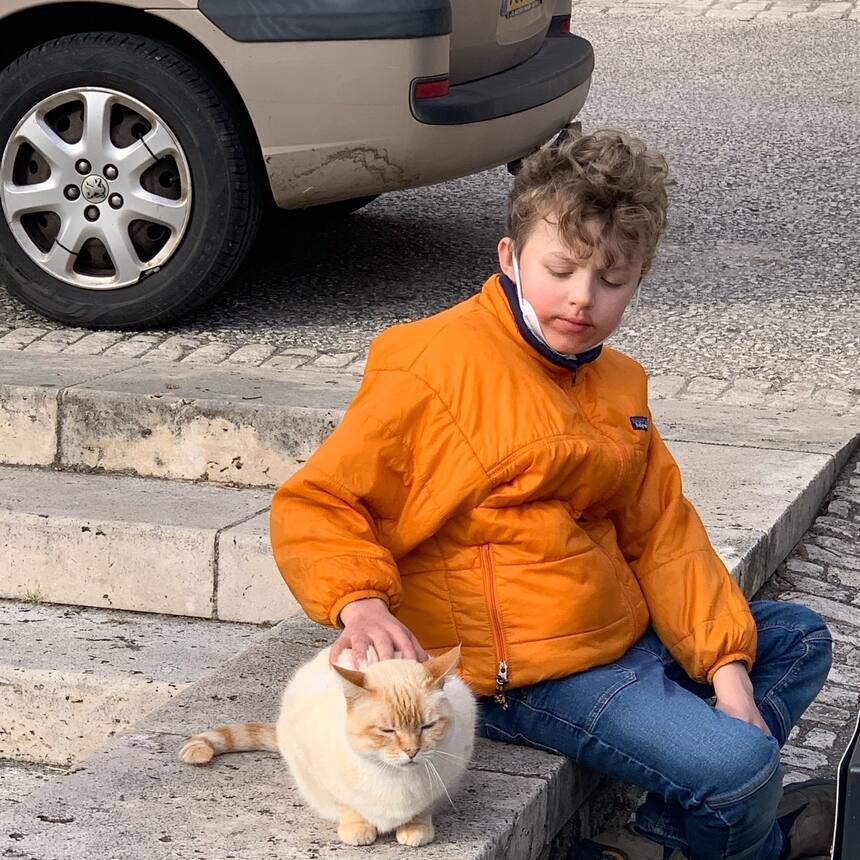 Visiting our friendly neighborhood cat in Monflanquin.