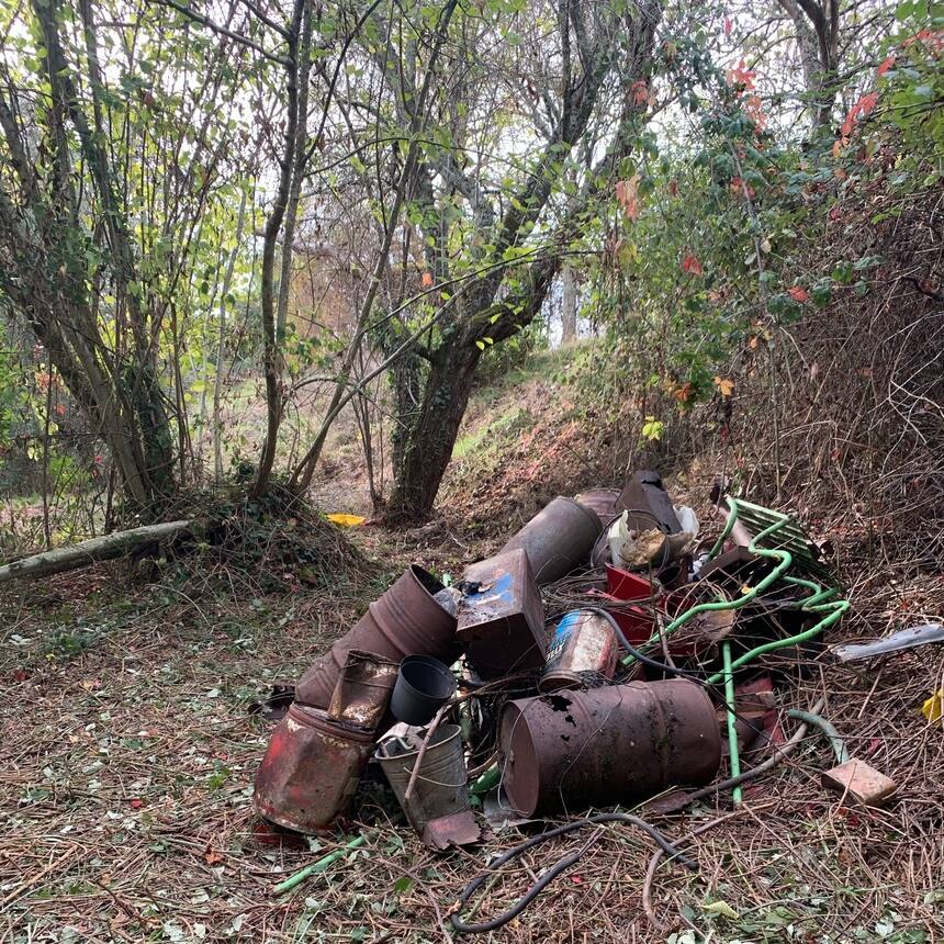 We found an enormous pile of old trash under a bramble we were clearing today.