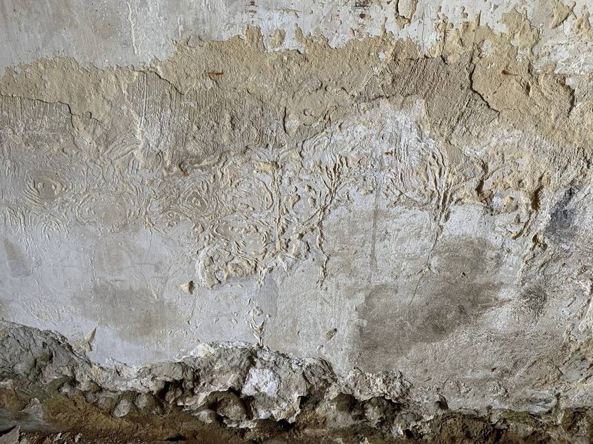 Strangely beautiful deteriorated old plaster and in the workshop/ garage.