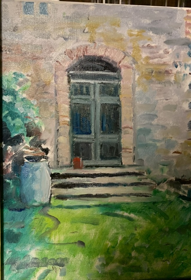 La porte bleue — peinture à l'huile originale de la porte et des marches du château