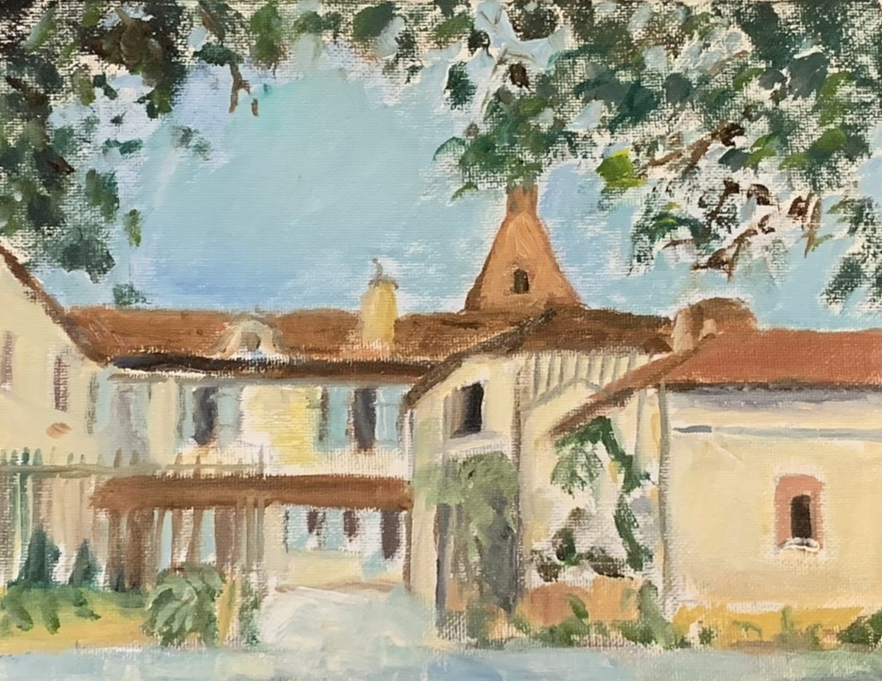 Le château en été — peinture à l'huile originale du château et de sa tour parmi les arbres